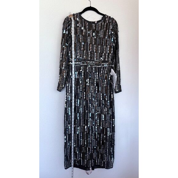 NWT Mac Duggal Embellished High Neck Long Sleeve Fitted Dress in Charcoal Gray 4 - Picture 12 of 16